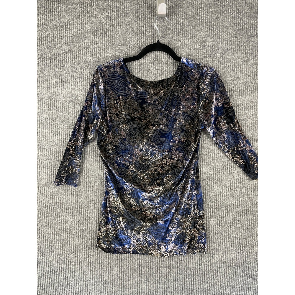 Dressbarn Blue Black Velour Burnout Top Medium Y2K Whimsigoth Dark Romantic - Picture 6 of 7